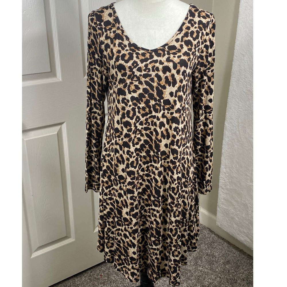 DEARCASE Leopard Print Fit & Flare‎ Dress Long Sleeve V Neck Office Mob Wife XL